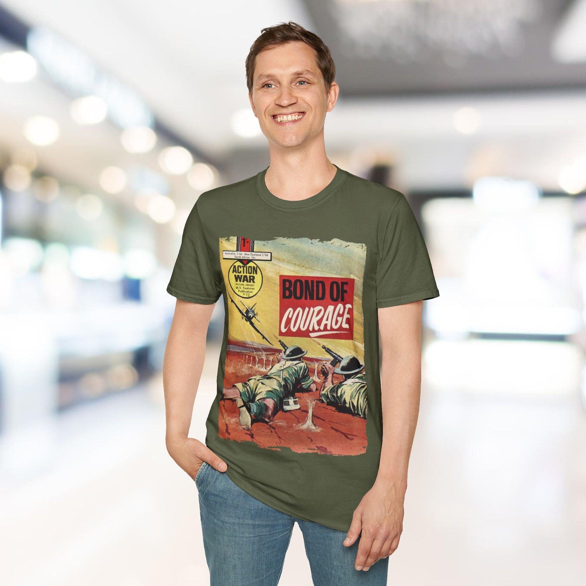 Close-up of the soft cotton fabric's subtle texture and stitched neckline detail on the relaxed fit unisex T-shirt in olive