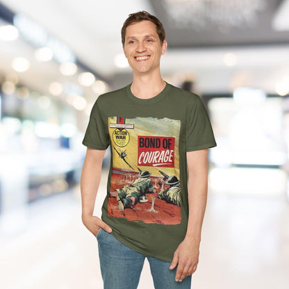 Close-up of the soft cotton fabric's subtle texture and stitched neckline detail on the relaxed fit unisex T-shirt in olive