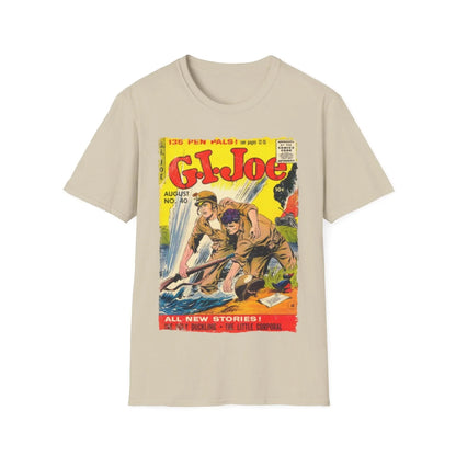 Close-up of the G.I. Joe No.40 softstyle T-shirt's collar and tag, highlighting the relaxed fit and unisex crew neckline