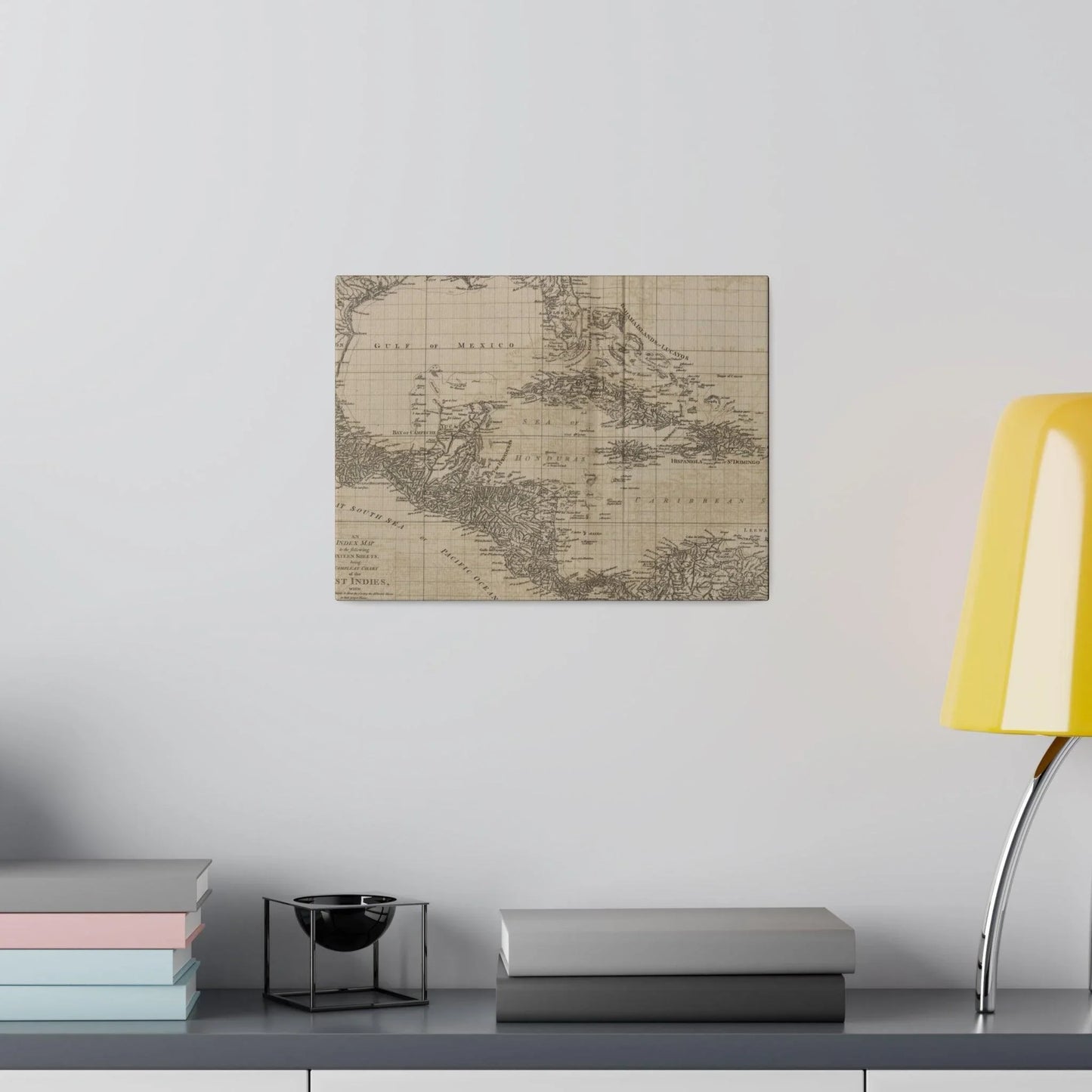 Detailed view of the vintage map's intricate coastal line and hand-lined details on the textured canvas surface.