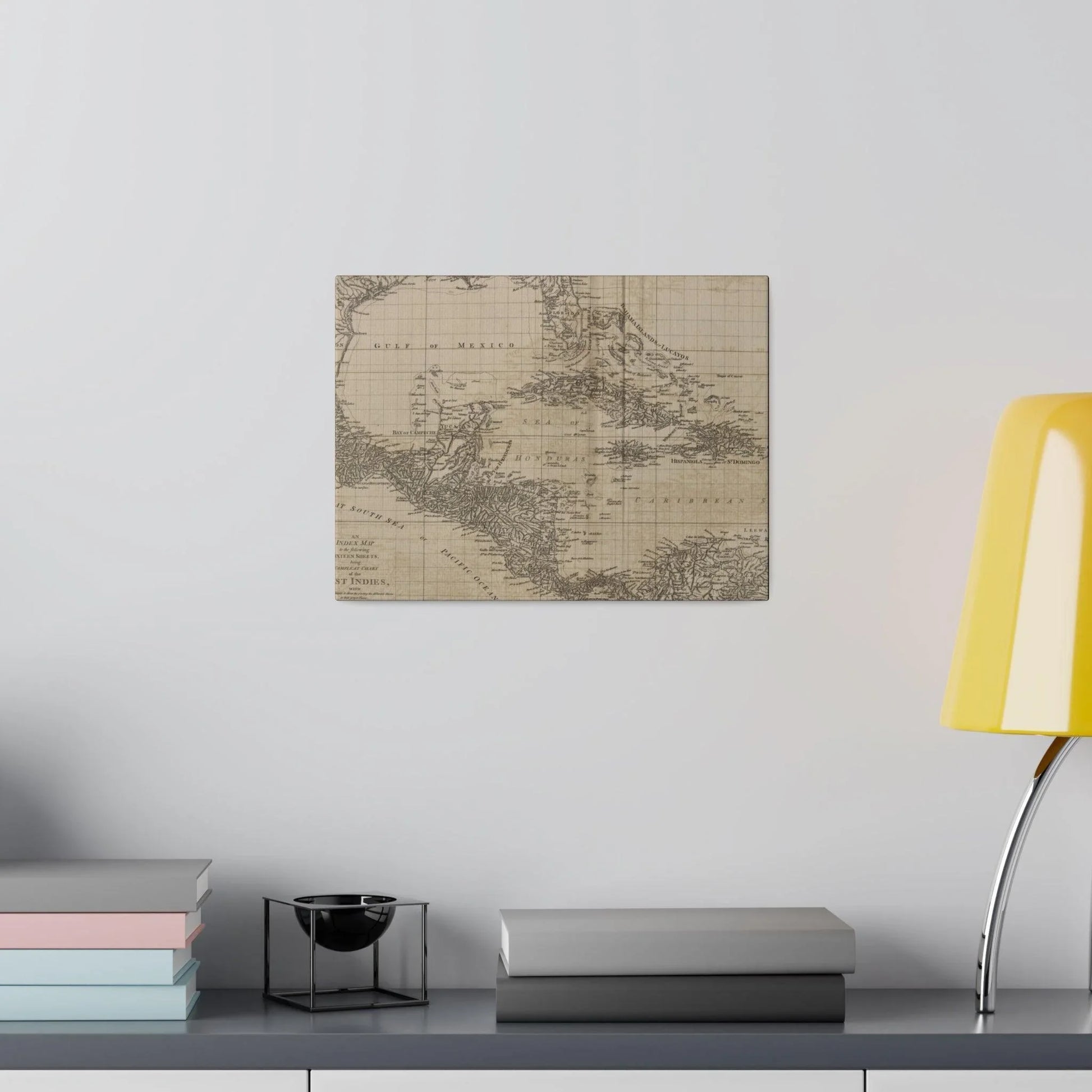 Detailed view of the vintage map's intricate coastal line and hand-lined details on the textured canvas surface.