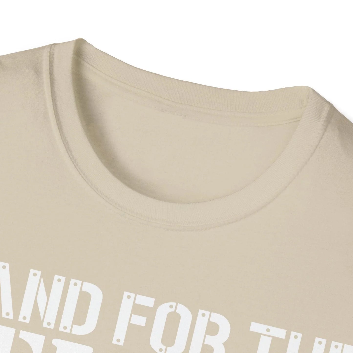 Close-up of the soft cotton fabric and stitched hem on the back neckline of the charcoal gray Kneel For The Fallen unisex