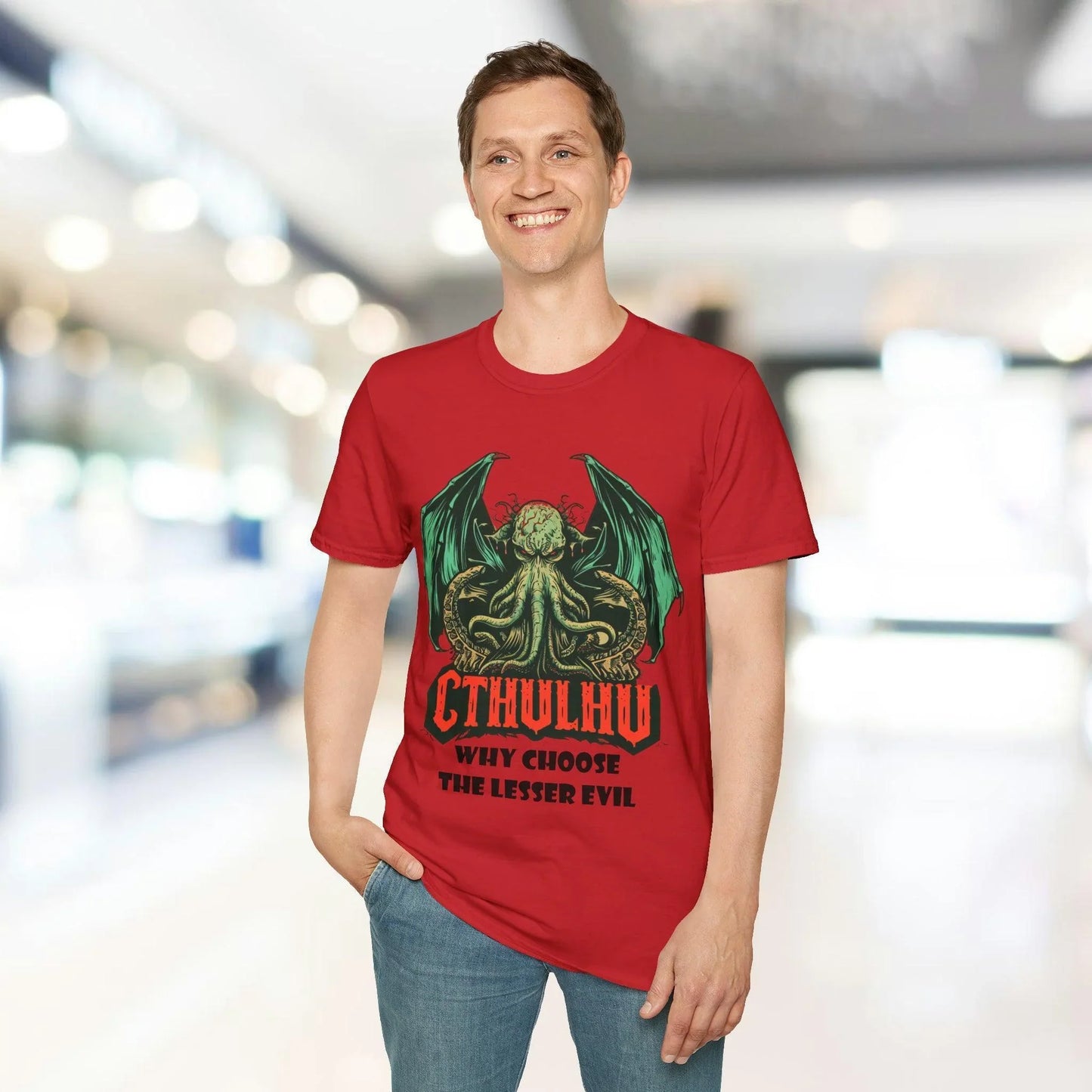 Close-up of the unisex softstyle fabric in heather navy showing smooth texture and relaxed fit neckline detail.