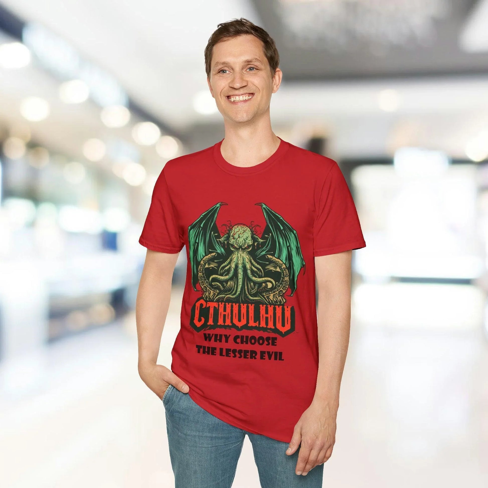 Close-up of the unisex softstyle fabric in heather navy showing smooth texture and relaxed fit neckline detail.