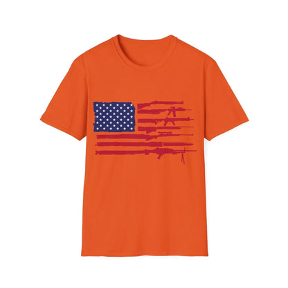 Close-up of the American flag gun design printed on the relaxed fit heather gray cotton T-shirt's front chest area