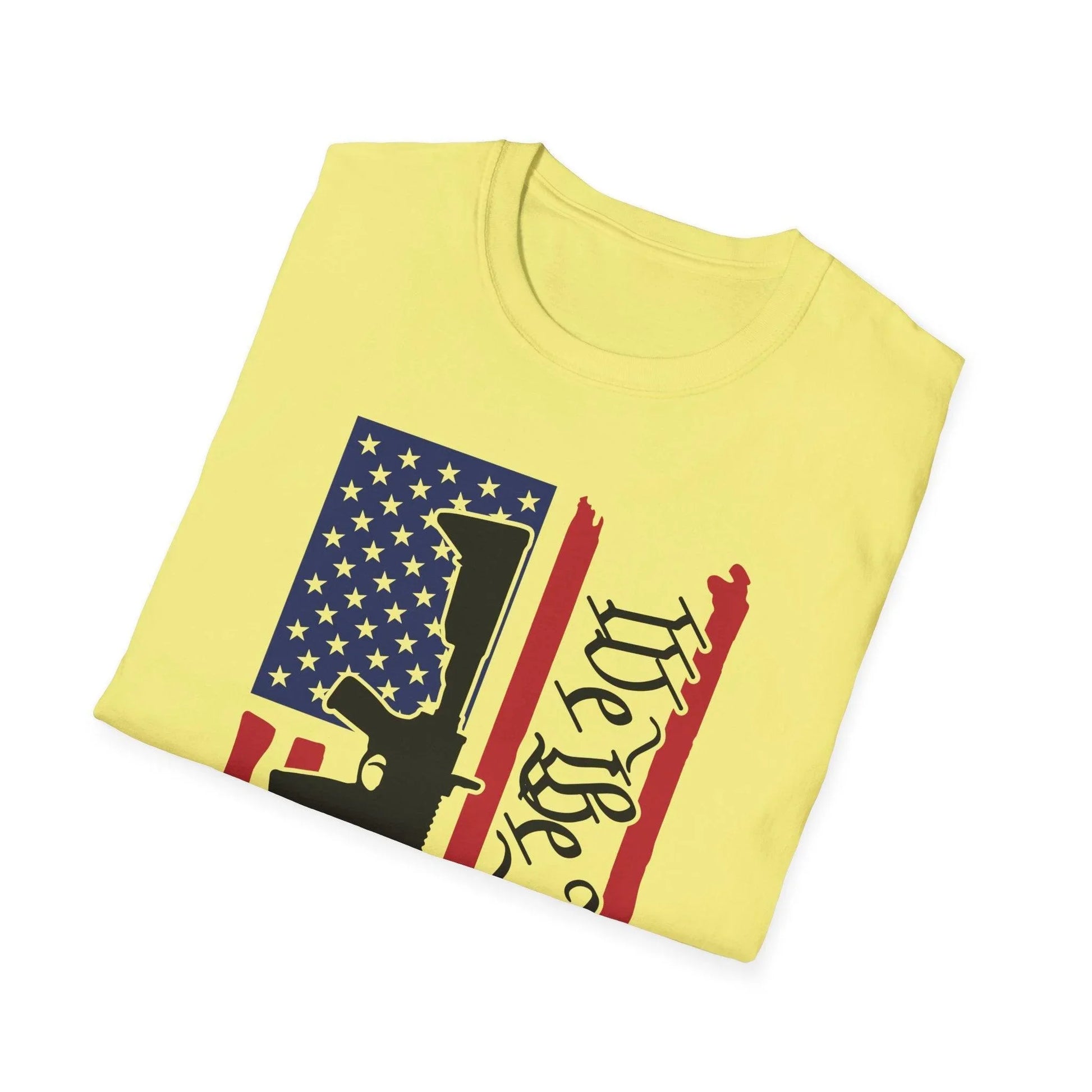 Close-up of distressed American flag graphic on soft navy T-shirt fabric highlighting vibrant colors and textured print