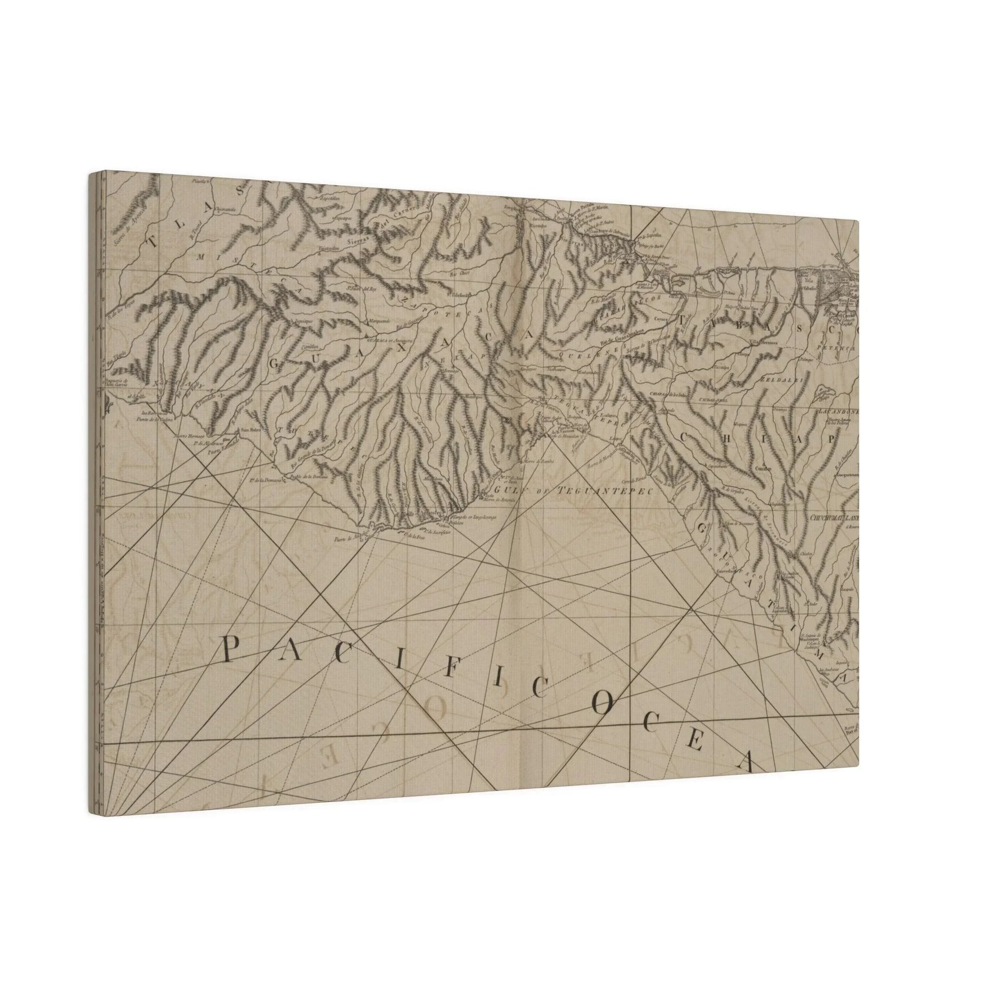 Detail of the textured canvas surface showcasing subtle brushstrokes and rich color blending of the Coast of New Spain