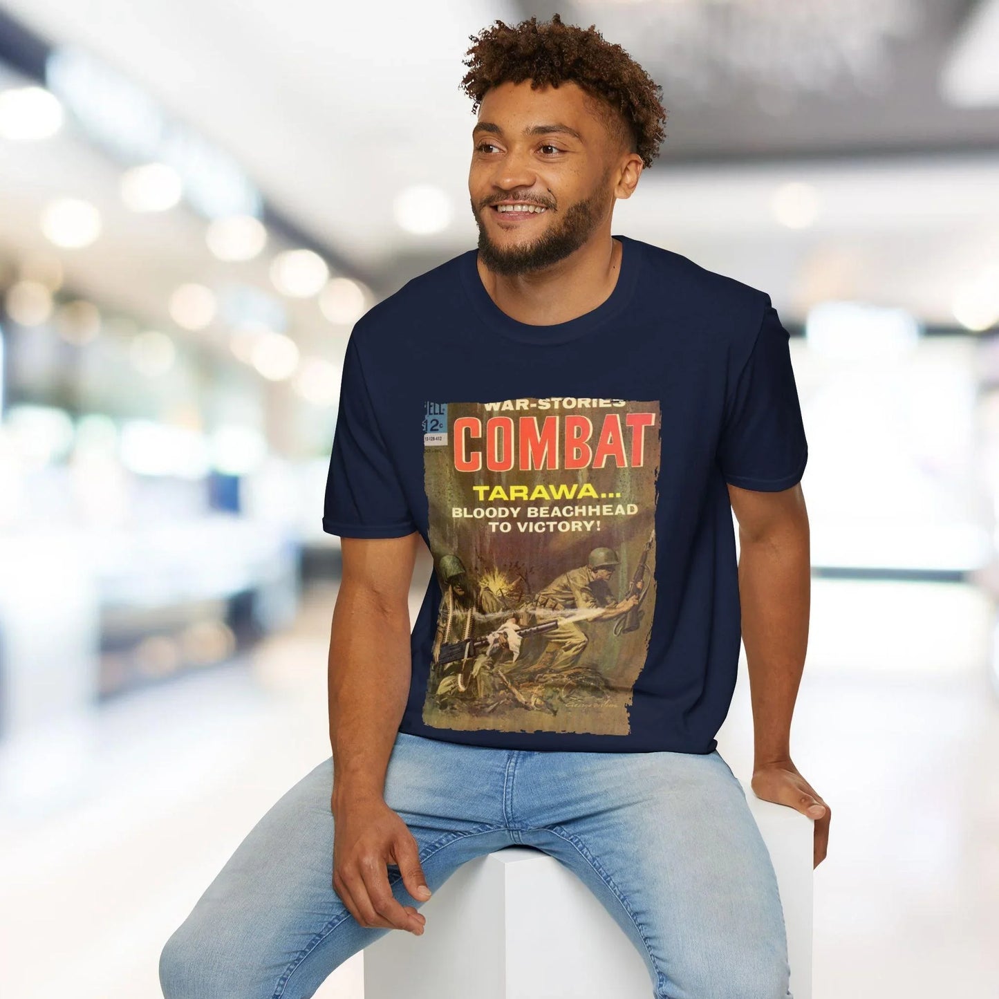 Close-up of the black crew neck neckline with visible stitching and fabric texture on the Combat Dec 1964 unisex T-shirt.