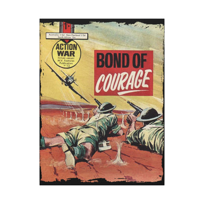 Close-up of the textured canvas surface highlighting the detailed brushstroke finish and vintage-style label as seen from a