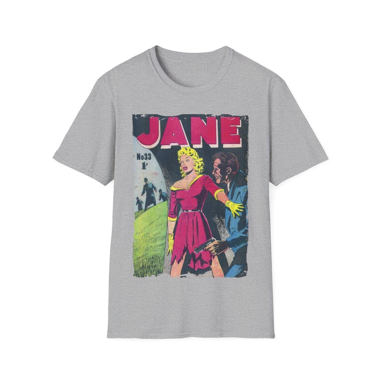 Close-up of the Jane No.33 softstyle T-shirt’s subtle heather fabric texture and reinforced neckline stitching from a front