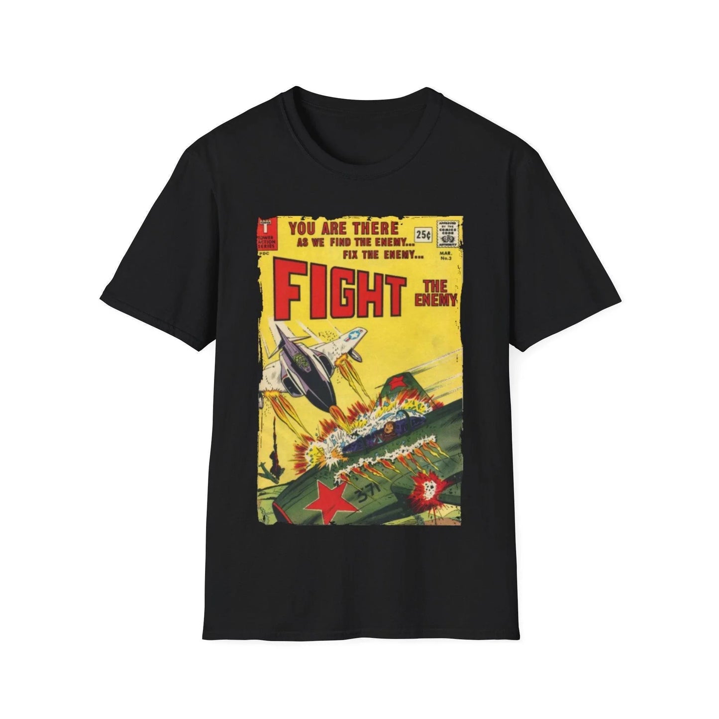 Printify Fight The Enemy No.3 unisex softstyle cotton crew neck T-shirt, regular fit, black color, DTG print, short sleeves