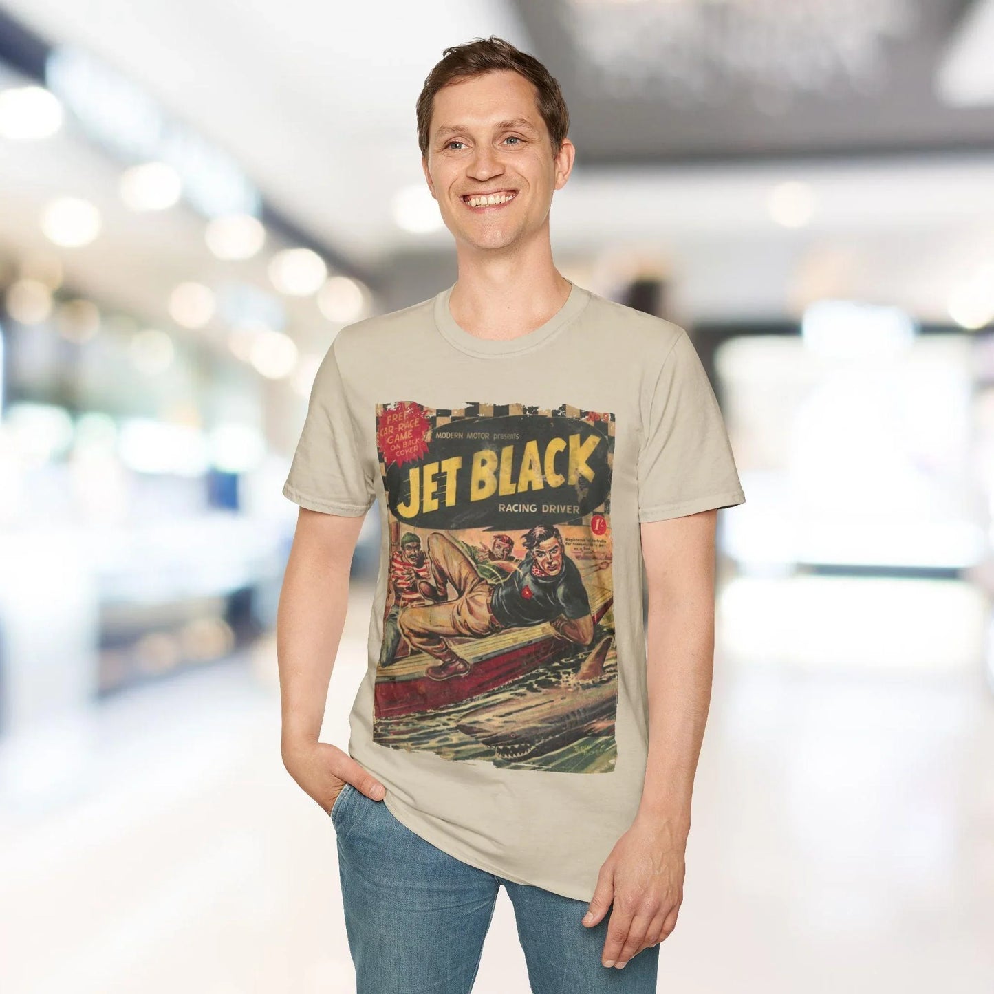 Close-up of the Jet Black No.5 unisex softstyle T-shirt’s softly textured fabric neckline detail and reinforced stitching at