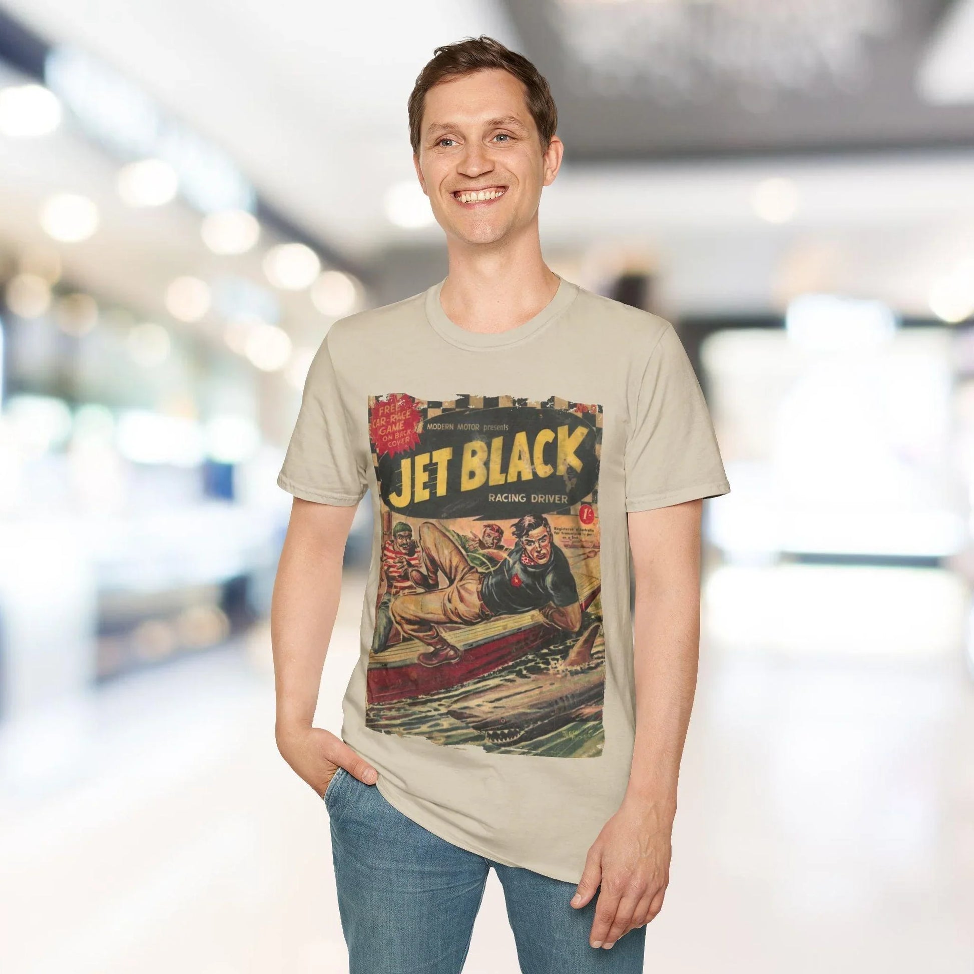 Close-up of the Jet Black No.5 unisex softstyle T-shirt’s softly textured fabric neckline detail and reinforced stitching at