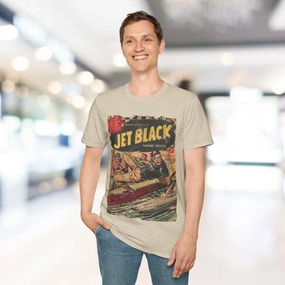 Close-up of the Jet Black No.5 unisex softstyle T-shirt’s softly textured fabric neckline detail and reinforced stitching at