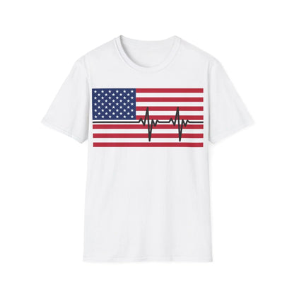 Printify unisex softstyle T-shirt featuring American flag heartbeat print, 100% cotton, crew neck, regular fit, vibrant red