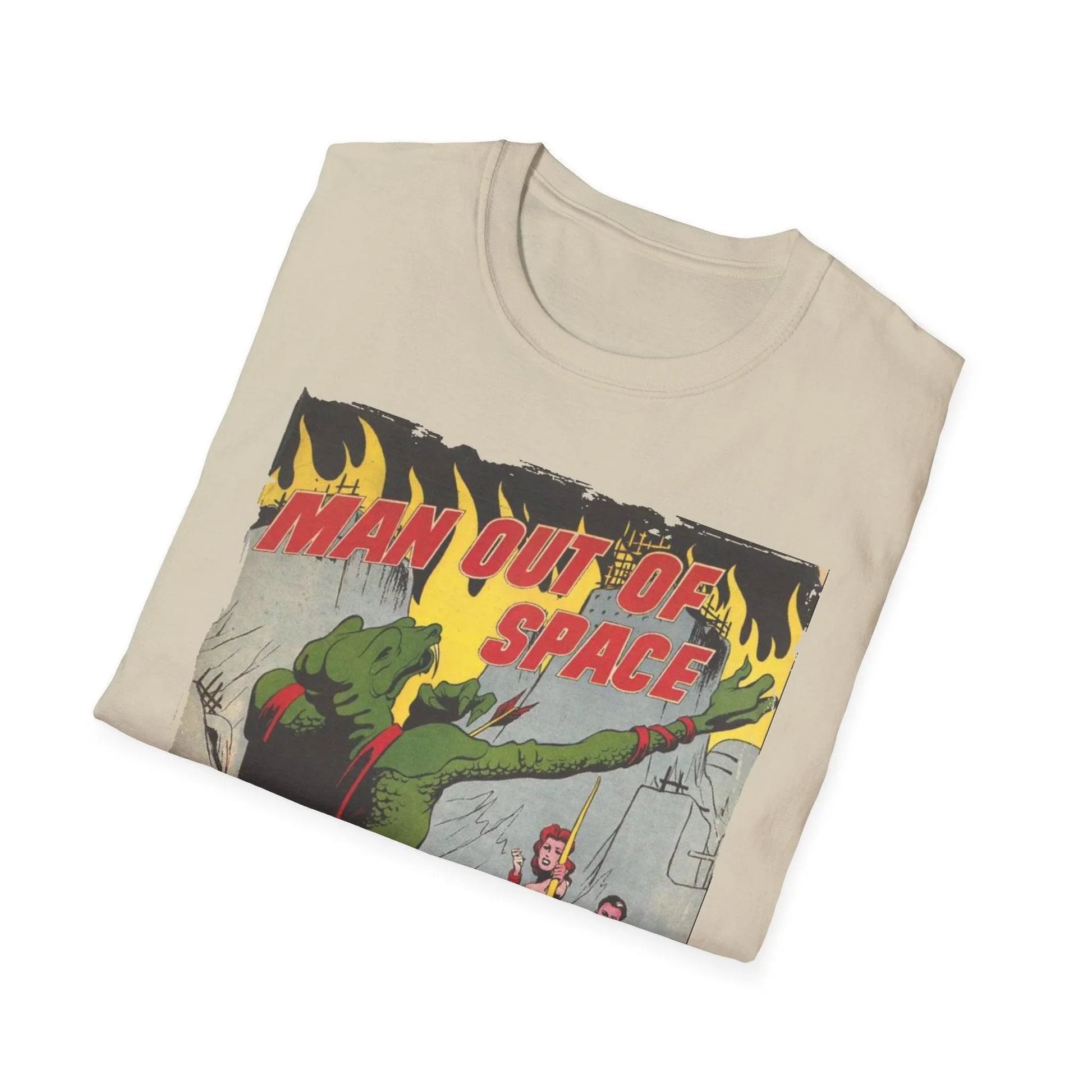 Close-up of the unisex softstyle fabric in heather navy showing subtle texture and stitched neckline at a slight overhead