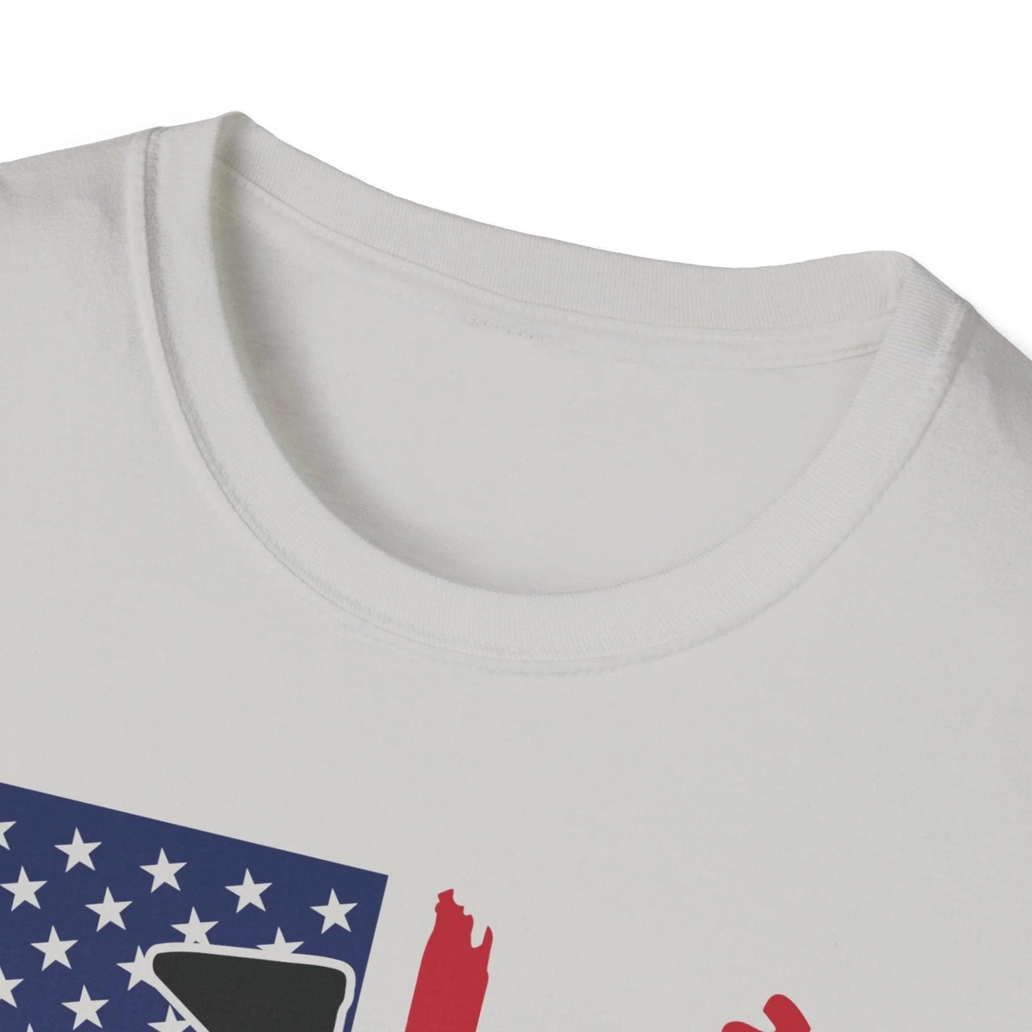 Close-up of the distressed American flag graphic on the chest with visible fabric texture and vibrant red, white, and blue