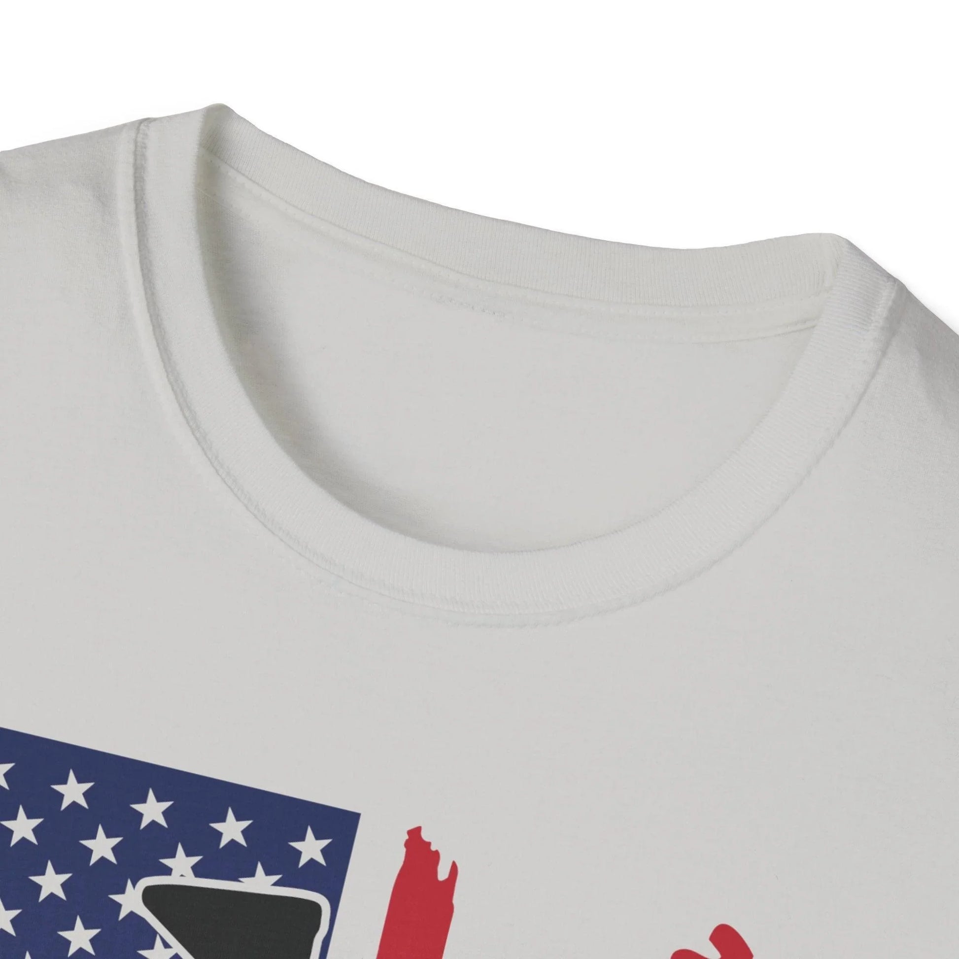 Close-up of the distressed American flag graphic on the chest with visible fabric texture and vibrant red, white, and blue