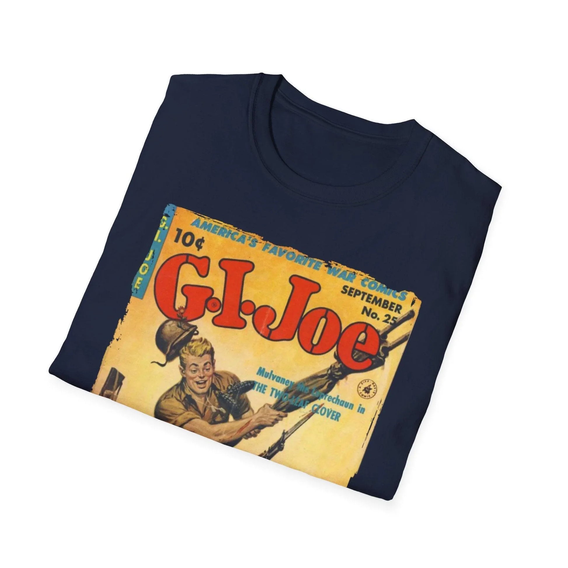 Close-up of the G.I. Joe No.25 unisex softstyle T-shirt’s relaxed fit tag sewn into heather navy fabric with crew neckline