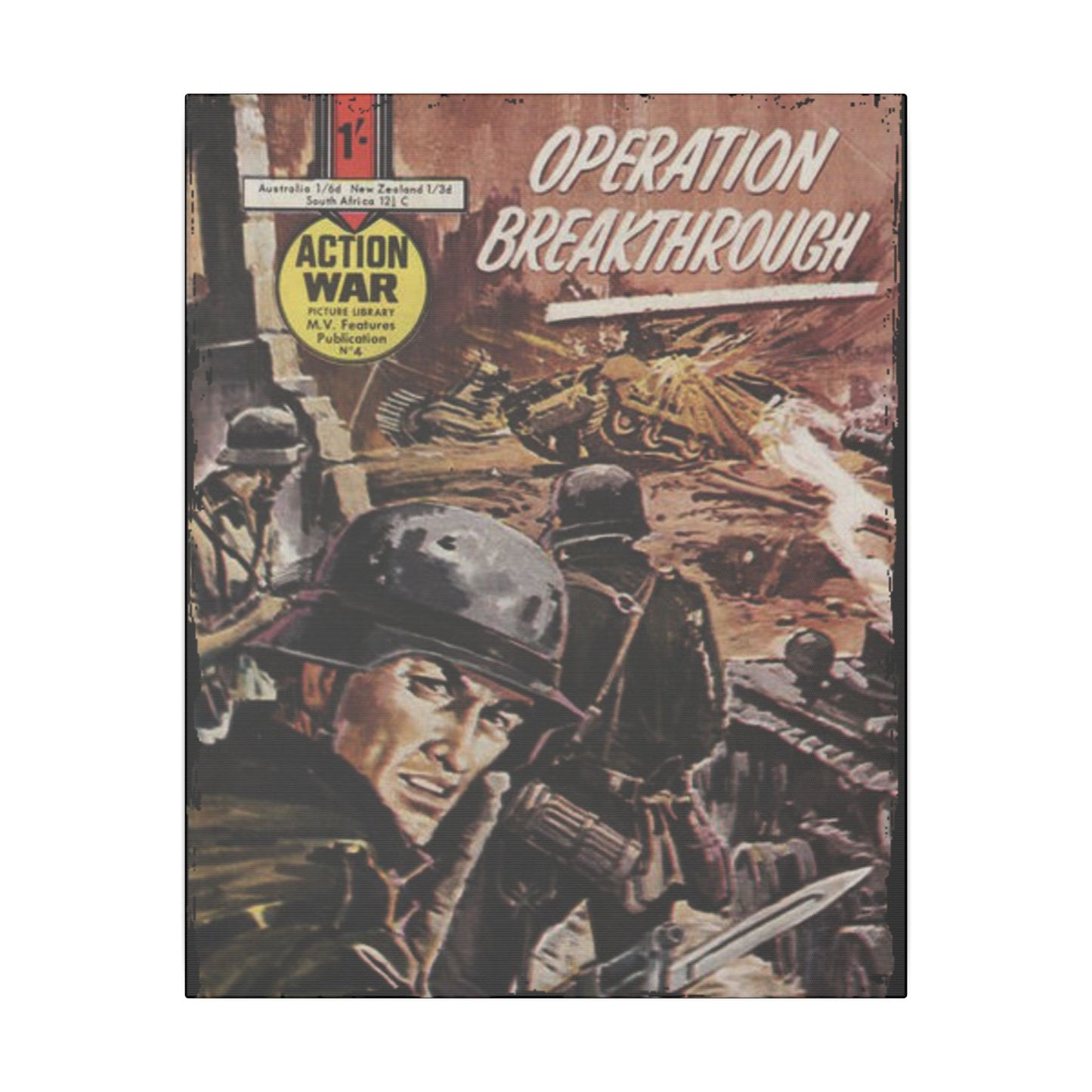 Close-up of the canvas texture revealing detailed brushstrokes and subtle color variations in the Action War #4 print.