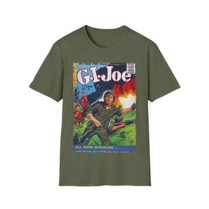 Close-up of the G.I. Joe No.41 softstyle T-shirt’s vibrant navy fabric with textured cotton knit, highlighting smooth crew