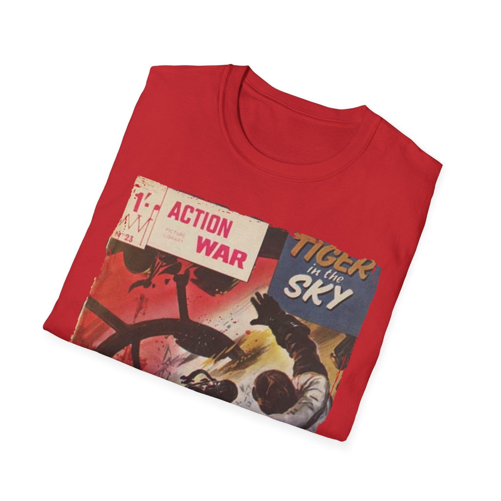 Close-up of the unisex softstyle T-shirt's relaxed fit collar and subtle stitching detail in vibrant red color from a front