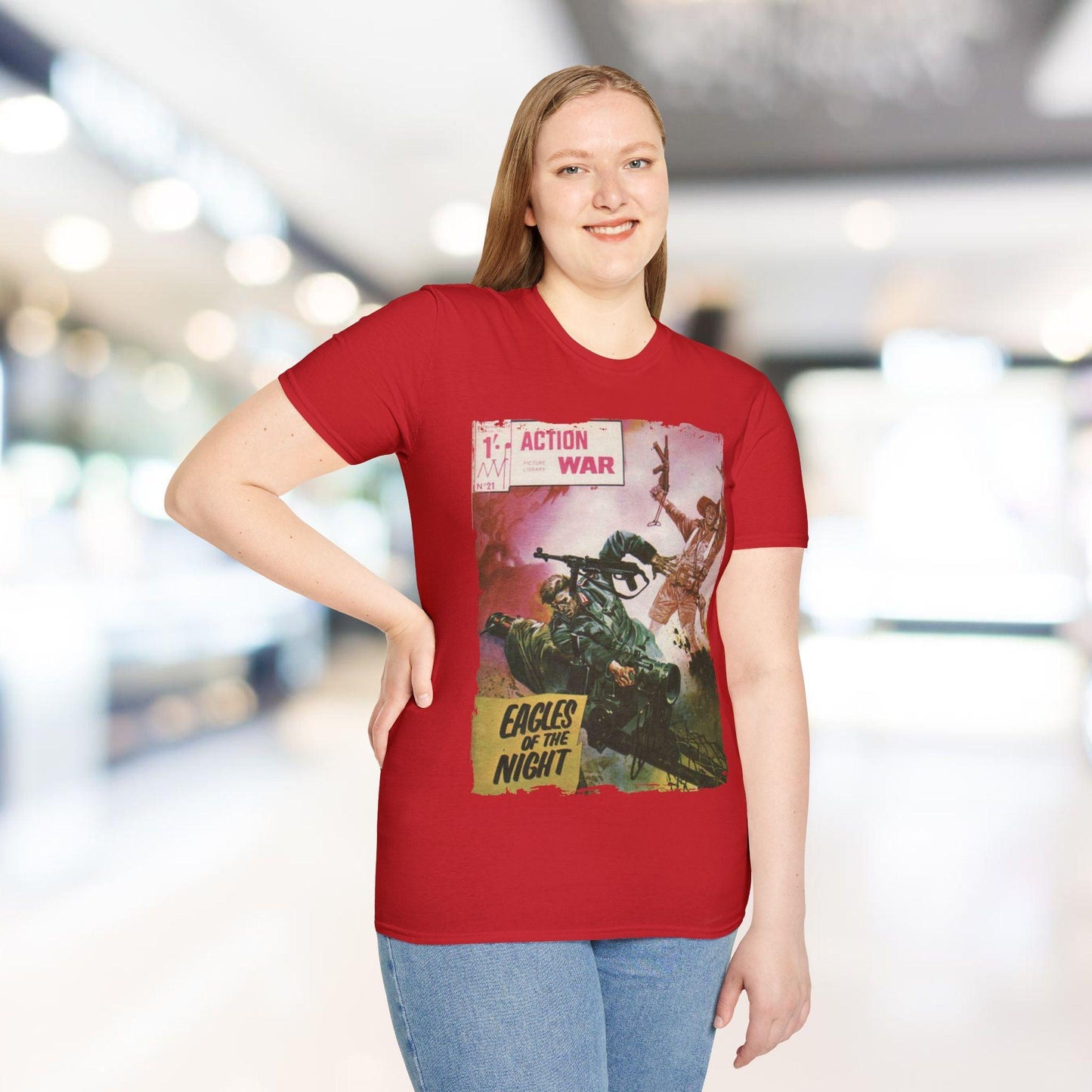 Close-up of the unisex softstyle T-shirt's lightweight, heather gray fabric with a subtle texture and reinforced crew