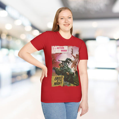 Close-up of the unisex softstyle T-shirt's lightweight, heather gray fabric with a subtle texture and reinforced crew