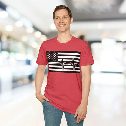 Close-up of the T-shirt’s soft cotton fabric showing textured black-and-white American flag heartbeat print on relaxed fit