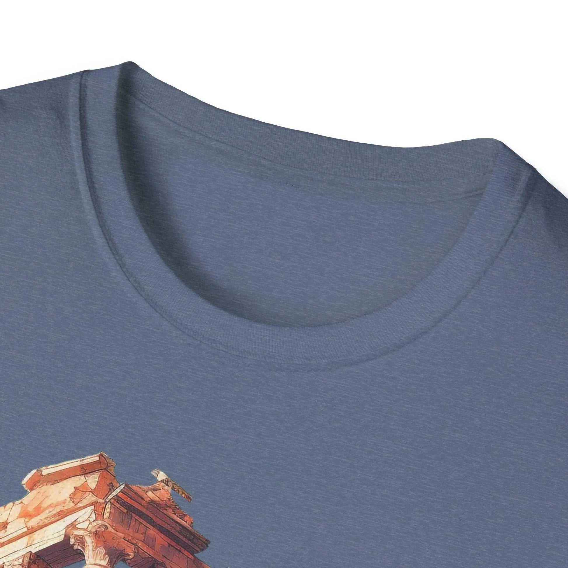 Close-up of the unisex softstyle T-shirt neckline showing double-stitched seam and subtle fabric texture in deep charcoal