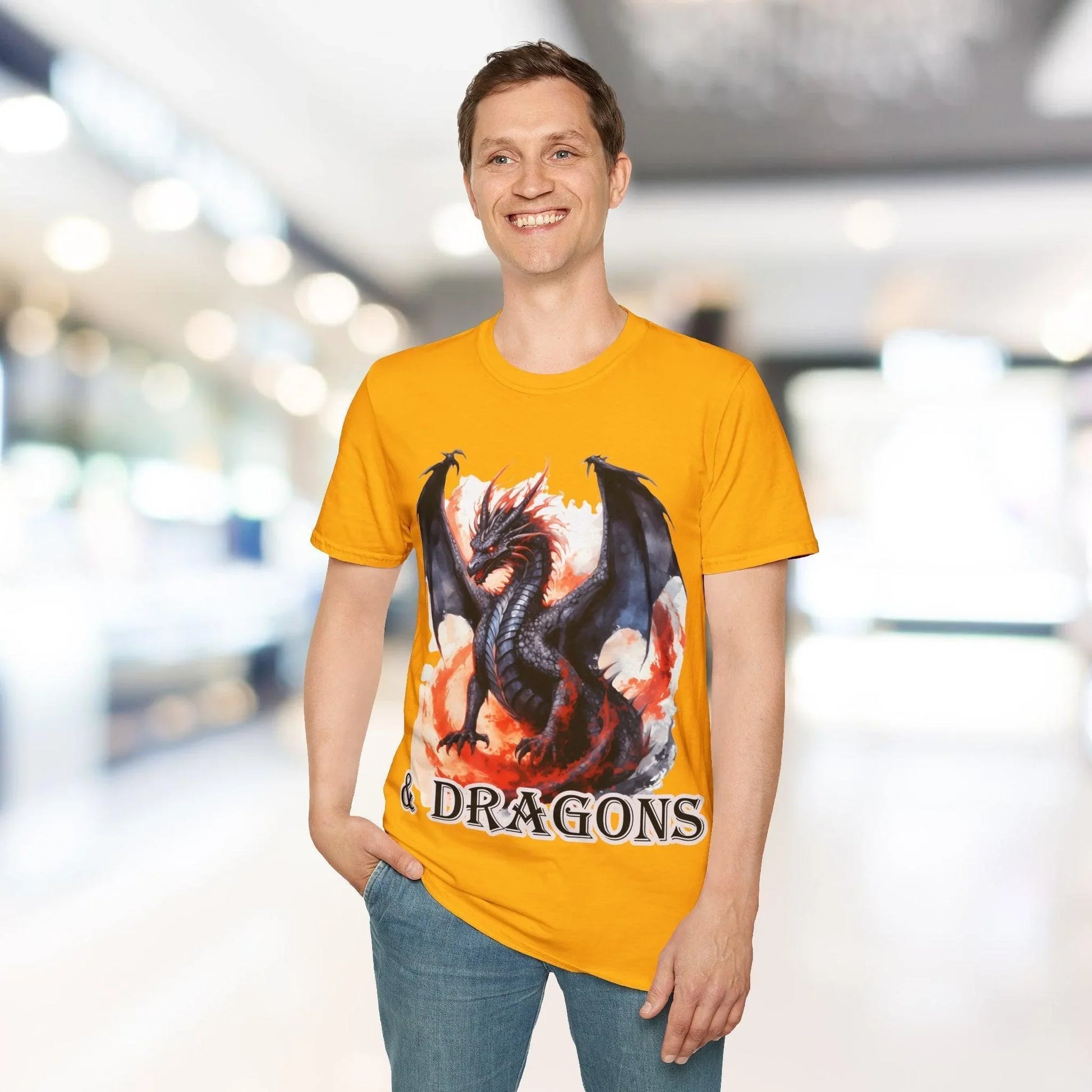 Close-up of the & Dragons unisex softstyle T-shirt neckline revealing crisp double-stitched collar and smooth fabric texture