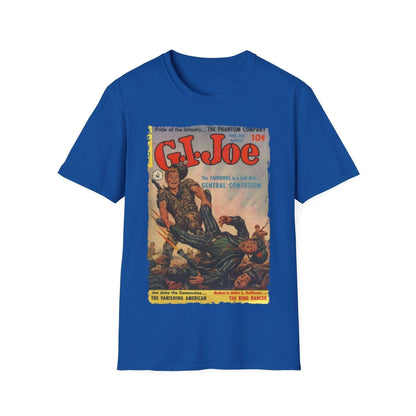 Close-up of the G.I. Joe No.20 unisex softstyle T-shirt’s relaxed fit and vibrant navy color, highlighting the durable