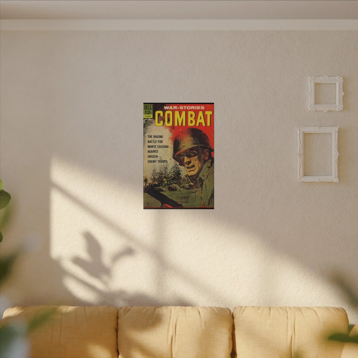 Close-up of textured canvas material highlighting beige and navy color accents and finely stitched edges from the Combat