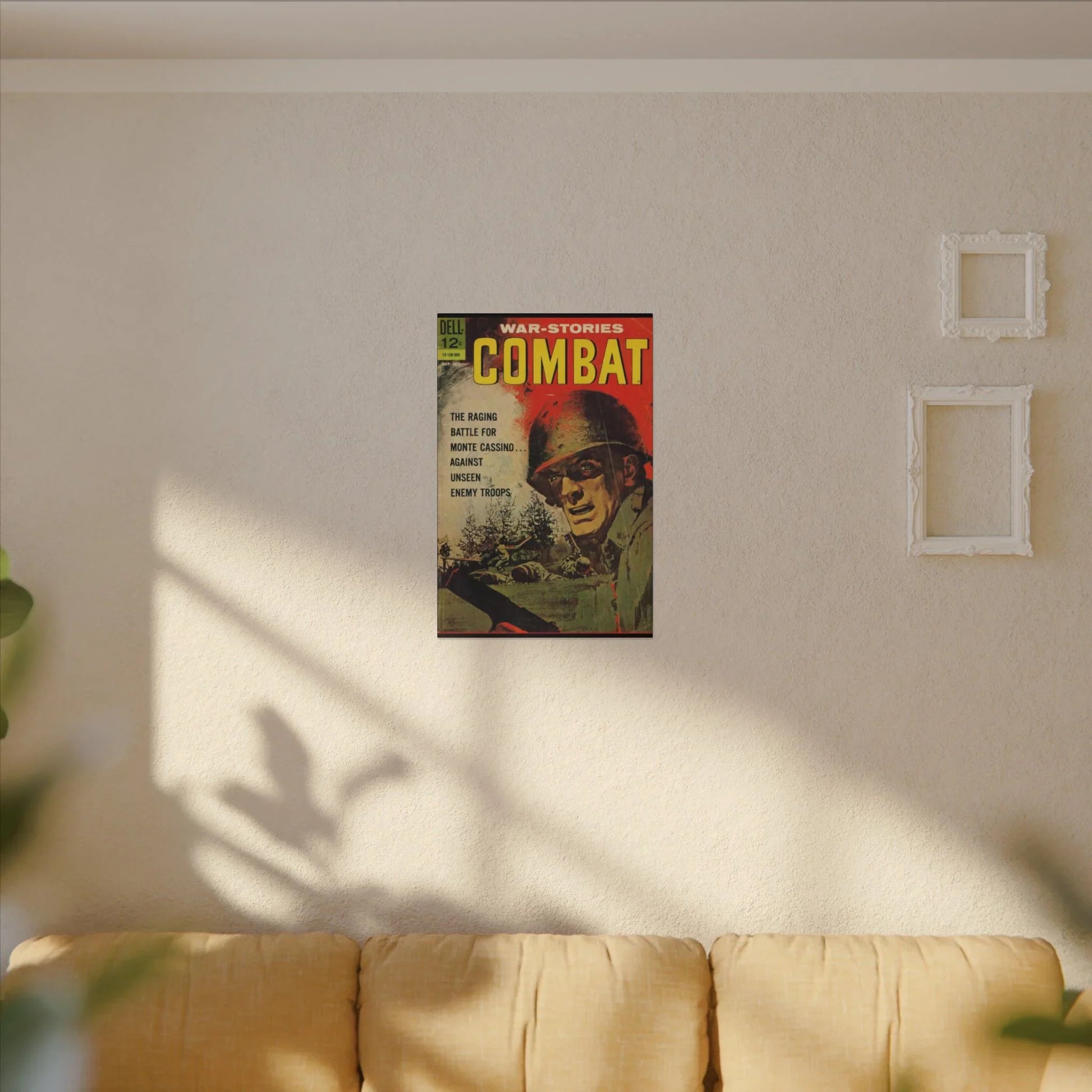 Close-up of textured canvas material highlighting beige and navy color accents and finely stitched edges from the Combat