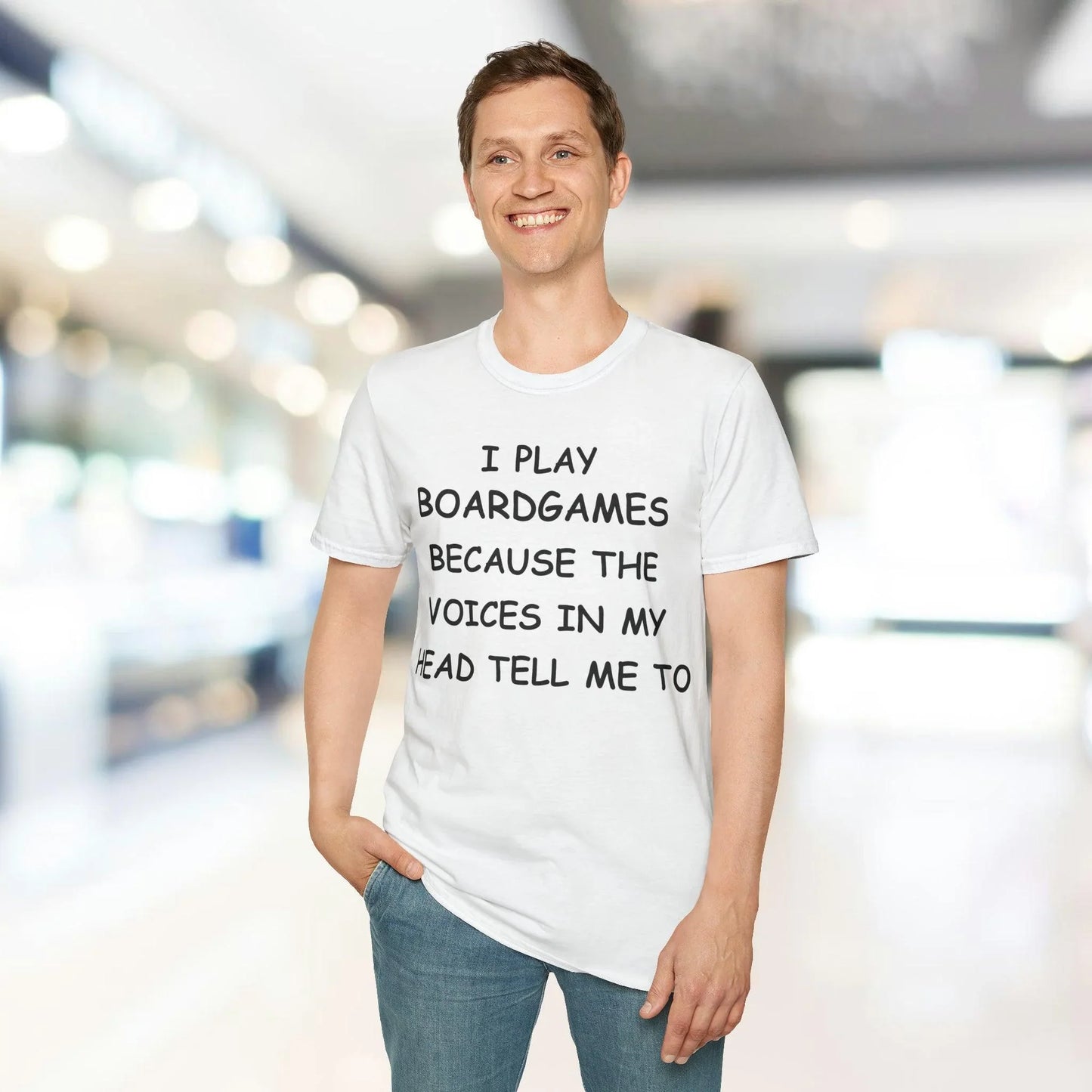 Close-up of the Black I Play Boardgames T-Shirt fabric showing soft cotton blend texture and reinforced neckline stitching.