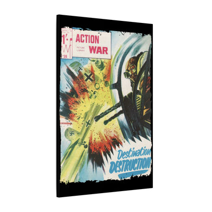 Close-up of the textured canvas material with visible brushstroke details and vibrant colors from the action scene.