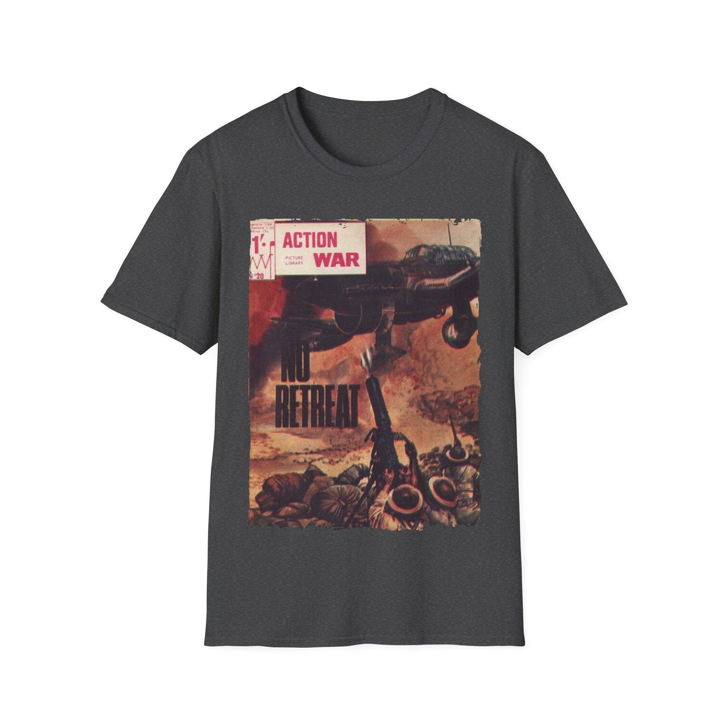 Close-up of the charcoal gray, relaxed fit unisex T-shirt's soft cotton fabric and stitched neckline detail from a lower