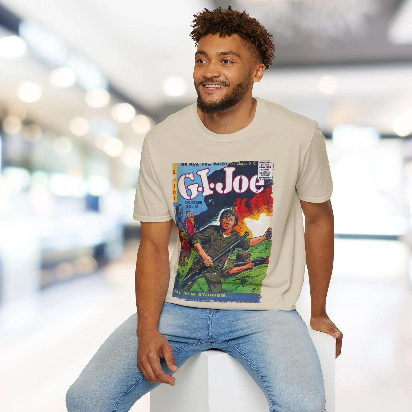 Close-up of the unisex softstyle T-shirt's vibrant navy color and smooth fabric texture, highlighting the slim fit and crew