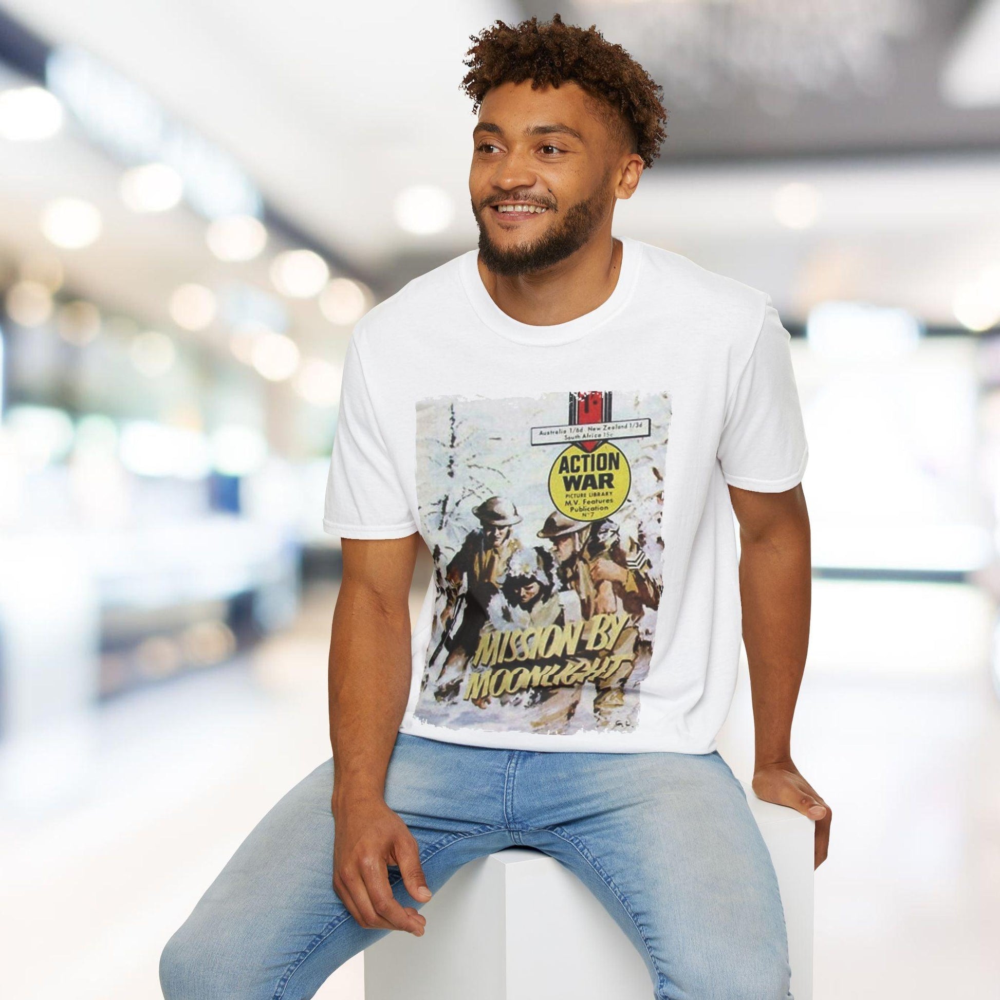 Close-up of the unisex softstyle fabric label sewn at the neckline, showcasing the smooth cotton-blend material and slim fit