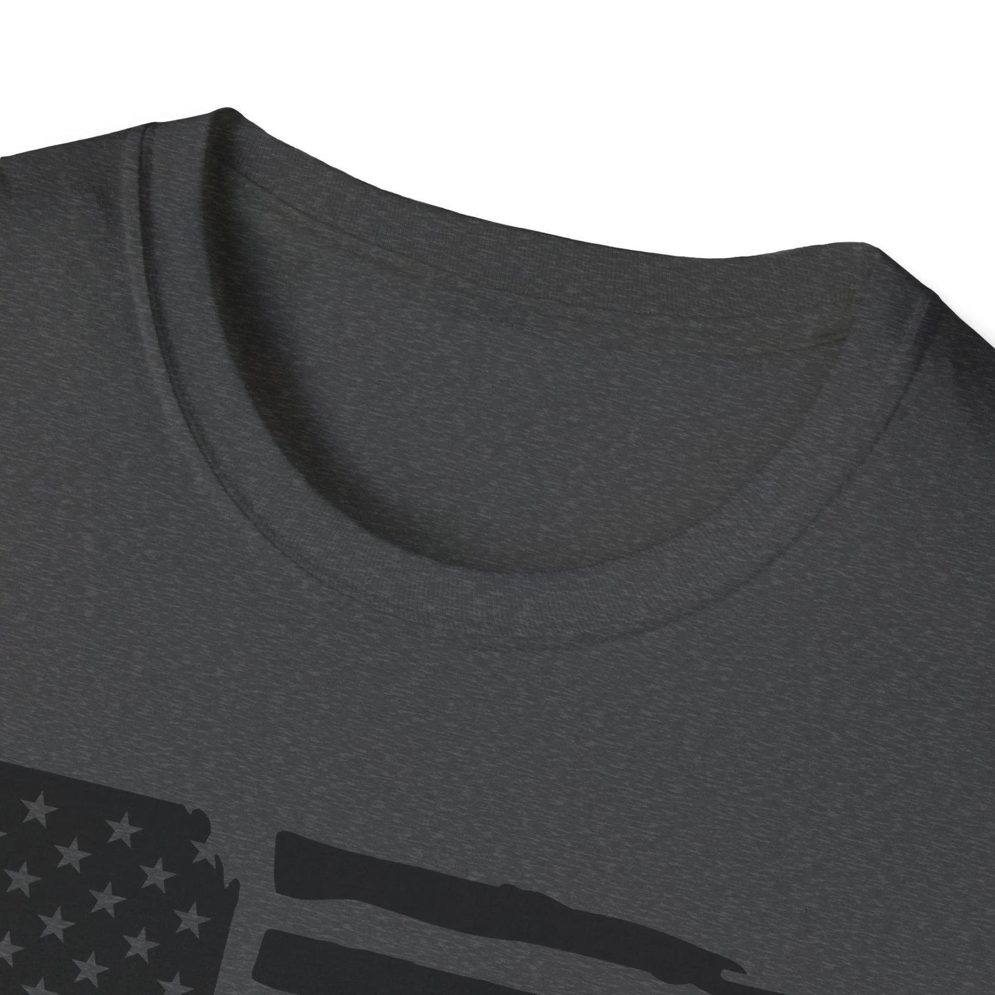 Close-up of distressed black and white American flag graphic on unisex softstyle T-shirt's front neckline area, showcasing