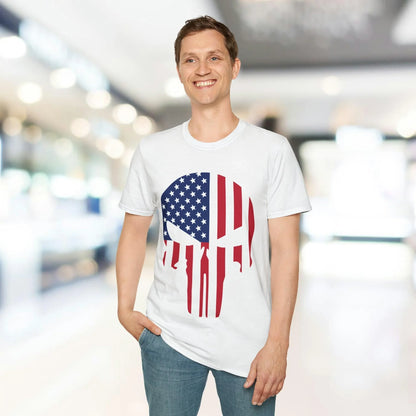 Close-up of the American Skull Flag print on the chest area of the unisex softstyle T-shirt in vibrant red, black, and white