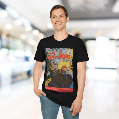 Close-up of the G.I. Joe No.47 softstyle T-shirt’s sewn label at the neckline showing fabric texture and precise stitching