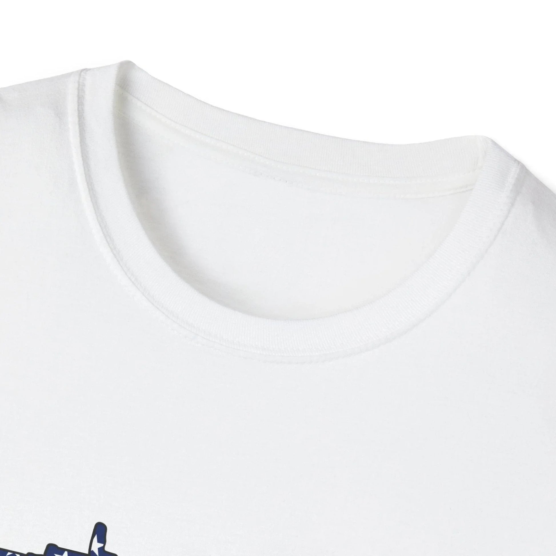 Close-up of the AR American Flag T-shirt neckline and collar stitching showing soft cotton fabric and relaxed fit detail