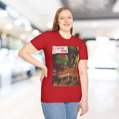 Close-up of the unisex softstyle T-shirt’s relaxed fit and vibrant red color, highlighting smooth cotton fabric and crew