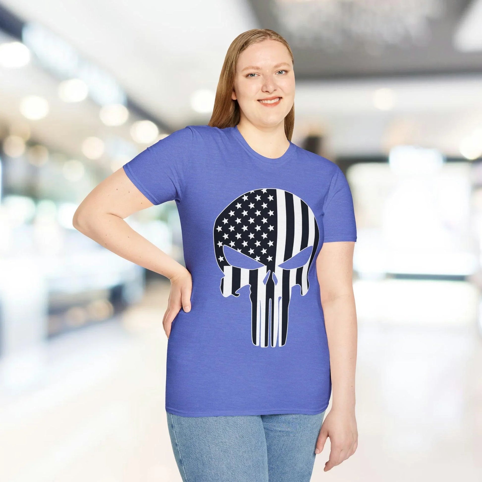 Close-up of the American Skull Flag B&W design on black fabric showing intricate line work and fabric texture at a slight