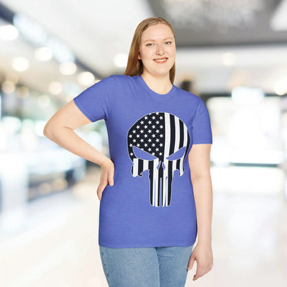 Close-up of the American Skull Flag B&W design on black fabric showing intricate line work and fabric texture at a slight