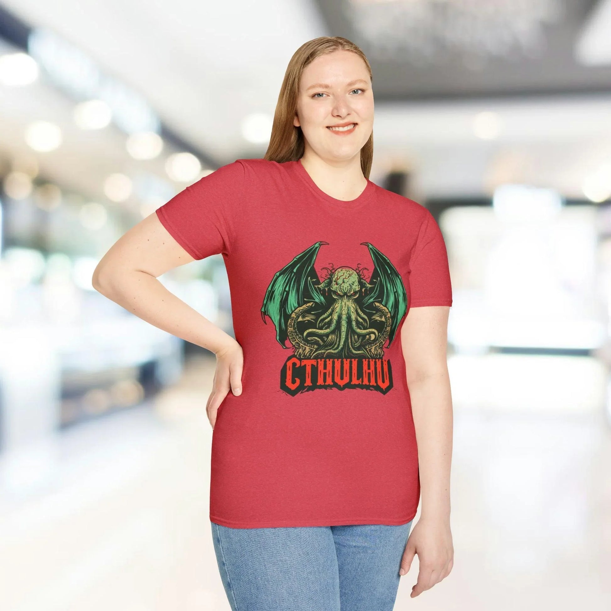 Close-up of Cthulhu graphic detail on the chest area, showcasing vibrant ink design on the relaxed fit, heather navy