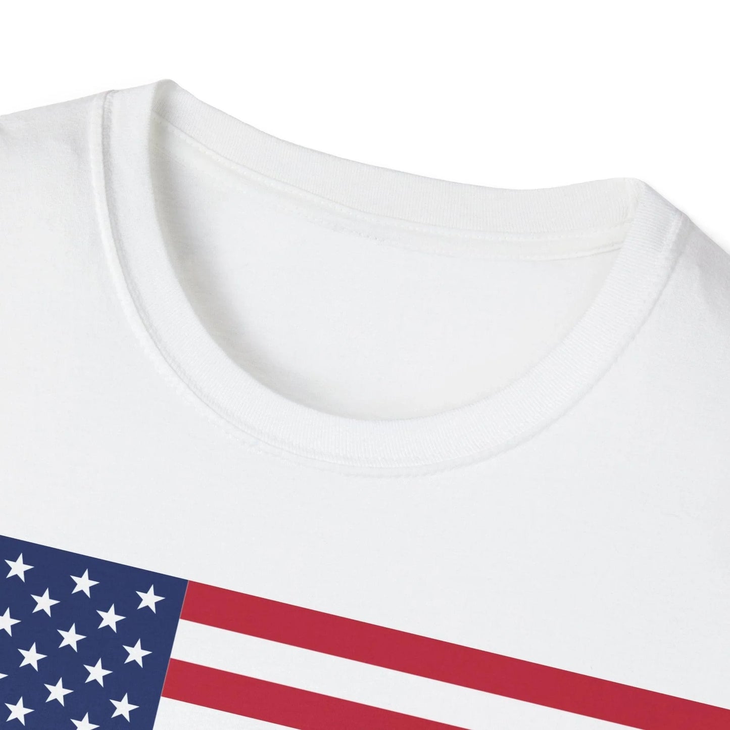 Detail of the American flag heartbeat design on the chest area of the relaxed fit, unisex softstyle T-shirt in bold black