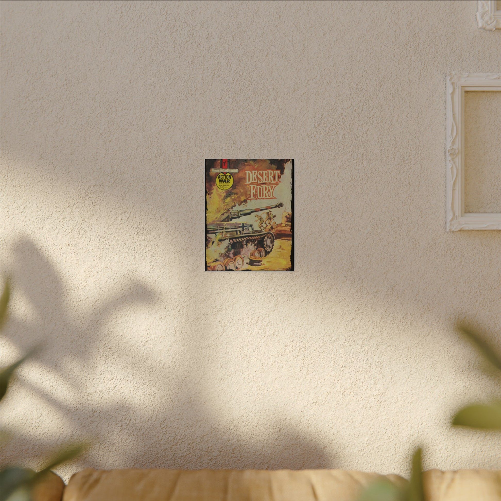 Close-up of the canvas surface highlighting textured brushstrokes and subtle color variations in the Action War #2 artwork.