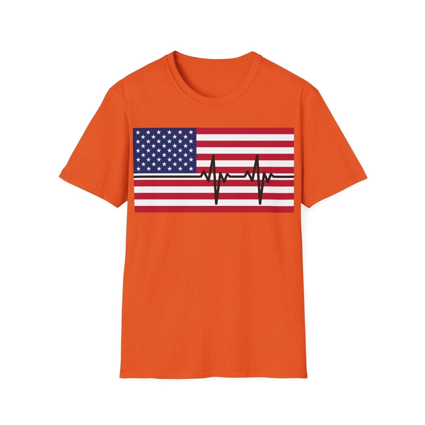 Close-up of the American Flag Heartbeat T-Shirt's ribbed crew neckline and soft cotton fabric in relaxed fit, showcasing the